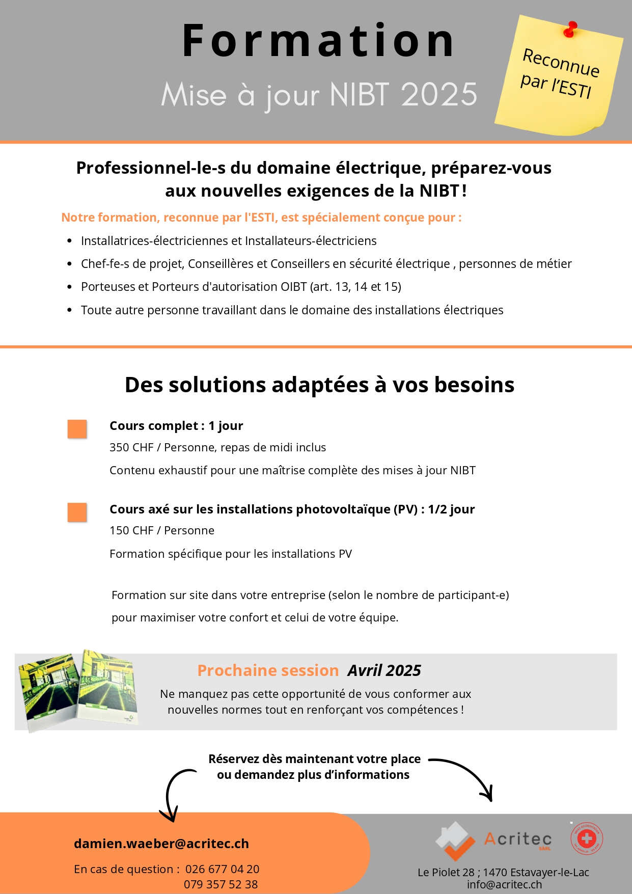 Flyer de la formation Mise à jour NIBT 2025, reconnue par l'ESTI